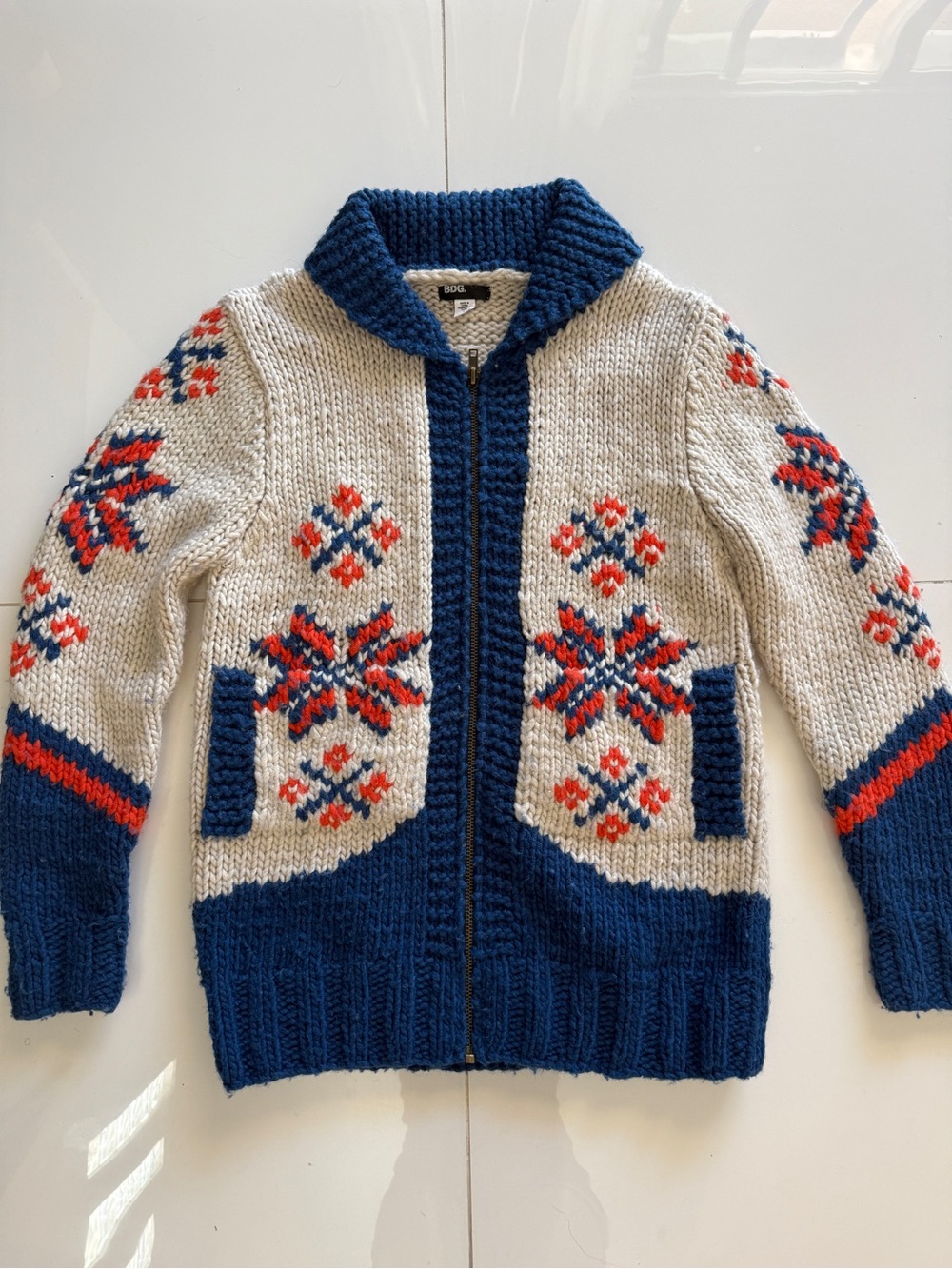 Cream & Navy Zip-Up Fair Isle Knit Jacket